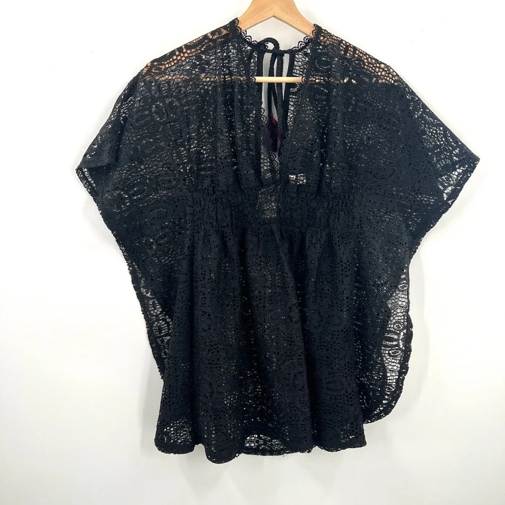 whimsigoth lace‎ poncho style swim cover-up tropical resort black beach pool S